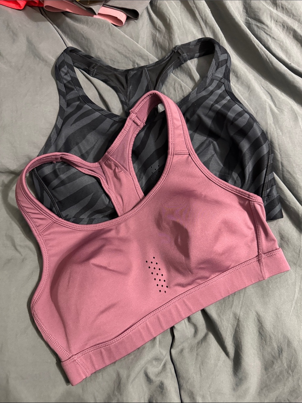 Women’s Avis Racerback Sports Bras - Mauve Pink and Charcoal Zebra